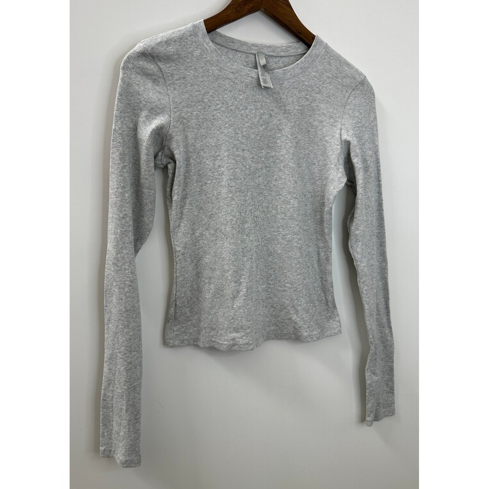 SKIMS Ribbed Cotton Blend Crew Neck Long Sleeve Large Top Light Heather Gray - Picture 11 of 12